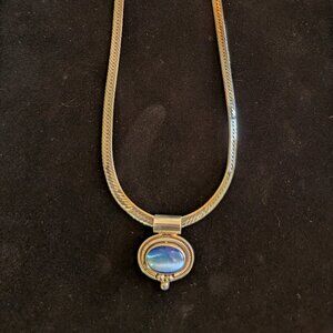 Women's Vintage Sterling Silver Blue Cats Eye Pendant Necklace 20"